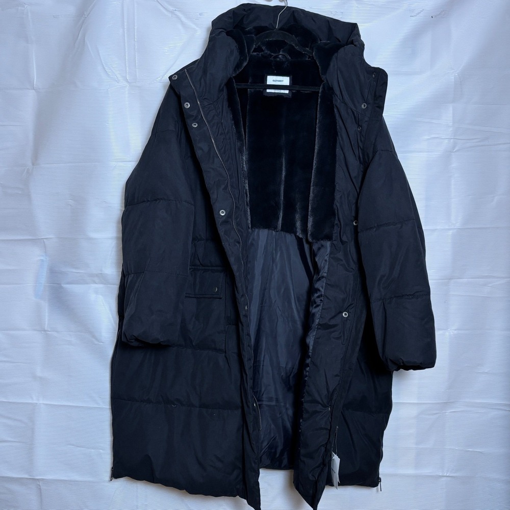 Old Navy Womens 3X Plus Black Longline Faux Fur Lined Puffer Parka Jacket 655169